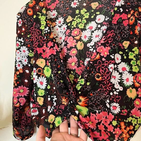 Y2K Inspired Neon Floral Black Tie Front Crop Top Micro Cardigan Size Medium - Picture 3 of 5